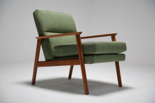 Vintage teak armchair with green tweed fabric. 2