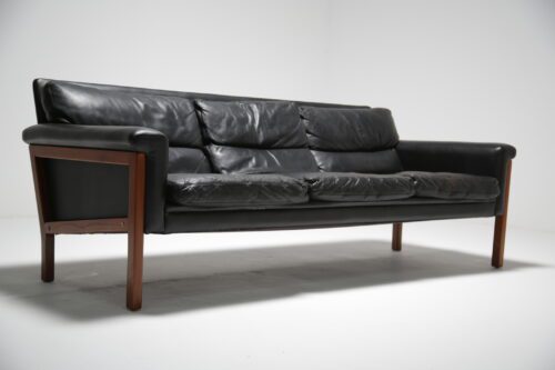 Danish Black leather and teak sofa 6