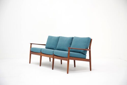 Vintage Danish Three Seat Teak and Teal Tweed Sofa by Svend Aage Eriksen 3