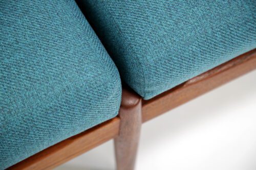 Vintage Danish Three Seat Teak and Teal Tweed Sofa by Svend Aage Eriksen 1