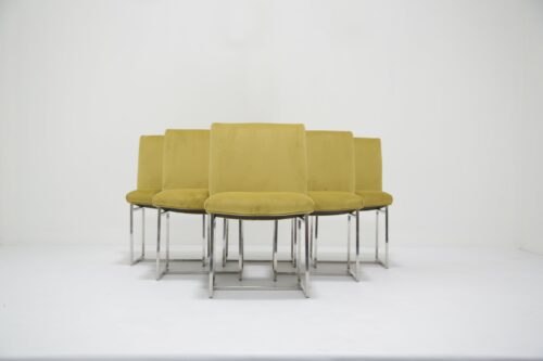 Mid-Century Set of 6 Chrome and Upholstered Dining Chairs by Milo Baughman 1