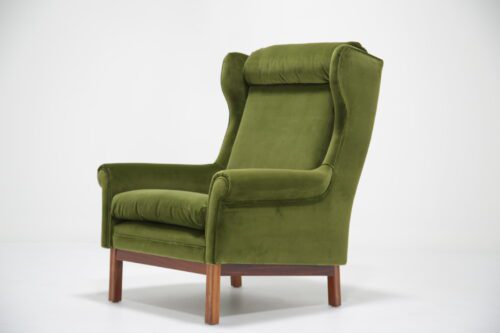 Vintage Danish Green Cotton Velvet Wingback Armchair 1
