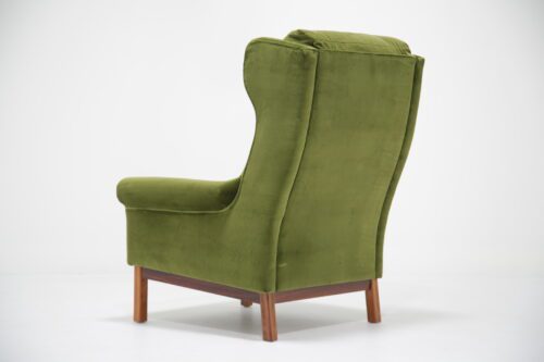 Vintage Danish Green Cotton Velvet Wingback Armchair 1
