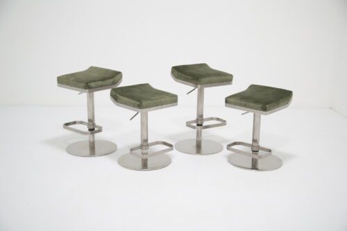 Set of Four Adjustable Brushed Steel and Upholstered Stools 1