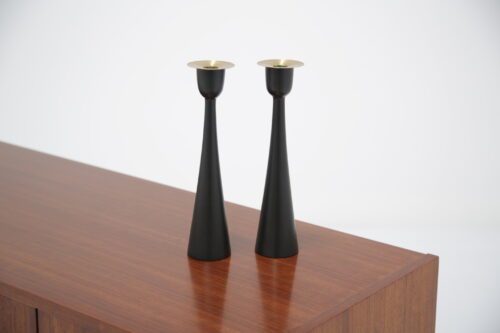 Vintage Pair of Black Wooden Candlesticks with Brass Tops 1
