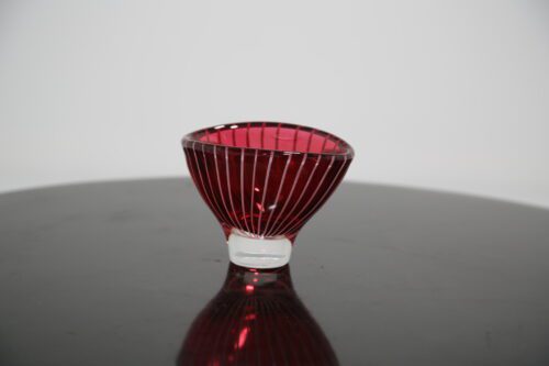 Vintage Cranberry Red and White Striped Glass Bowl by Vicke Lindstrand for Kosta 1