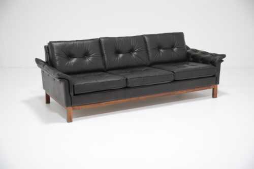 Vintage Winged Black Leather Buttoned Three Seat Sofa 1