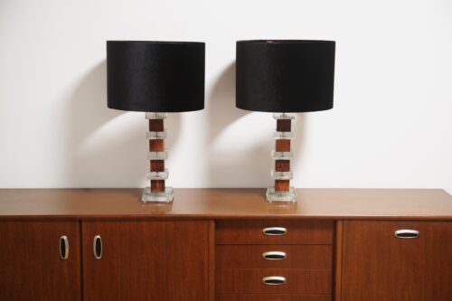 Mid-Century Pair of Clear Glass and Rosewood Table Lamps by Ateljé Glas & Trä 1