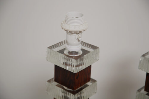 Mid-Century Pair of Clear Glass and Rosewood Table Lamps by Ateljé Glas & Trä 1