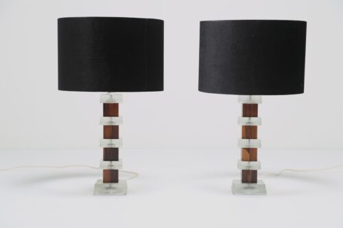 Ateljé Glas & Trä: Pair of Swedish Rosewood & Clear Glass Table Lamps 1