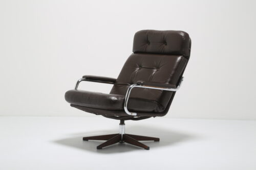 Vintage Brown Buttoned Leather and Chrome Swivel Lounge Chair 1